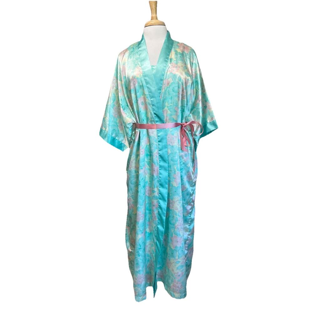 Contessa Di Roma 2 Pc Nightgown Robe Set Peignoir Aqua Floral Satin Cottagecore